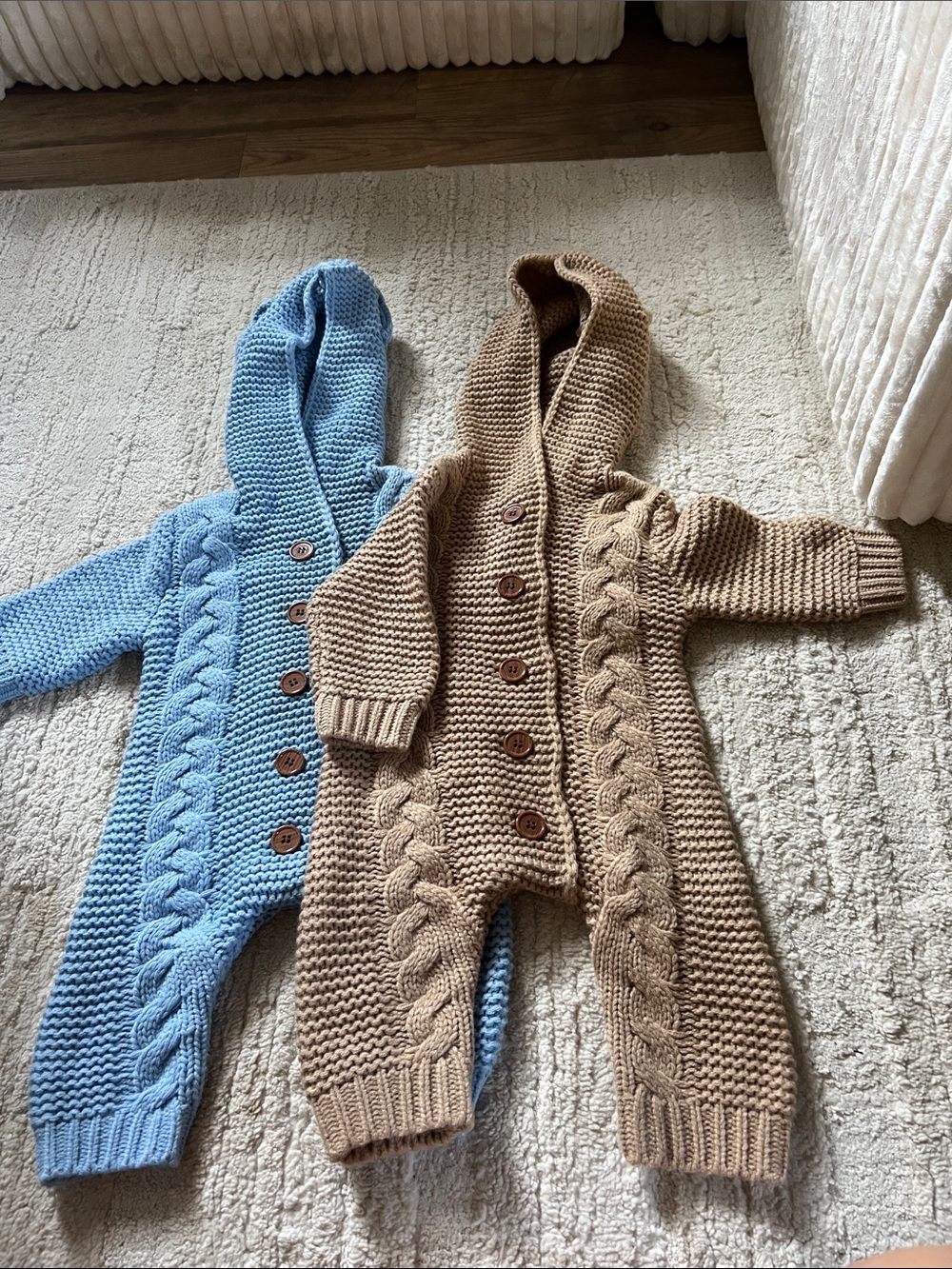 Cozy Hooded Cable-Knit One-Piece Romper - Blue and Tan